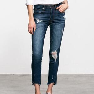 High Rise Distressed Raw Step Hem Ankle Denim Jeans Womens Pockets Stretch 11/29